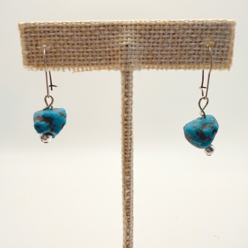Blue‎ Turquoise Nugget Drop Earrings Silver Tone Kidney Wire Boho